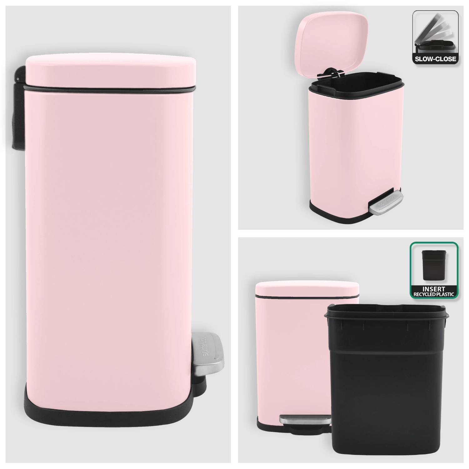 Pattumiera a pedale modello Akira in acciaio capienza 5 litri colore rosa opaco