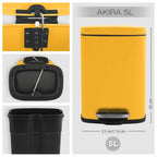 Pattumiera a pedale modello Akira in acciaio capienza 5 Litri colore giallo opaco