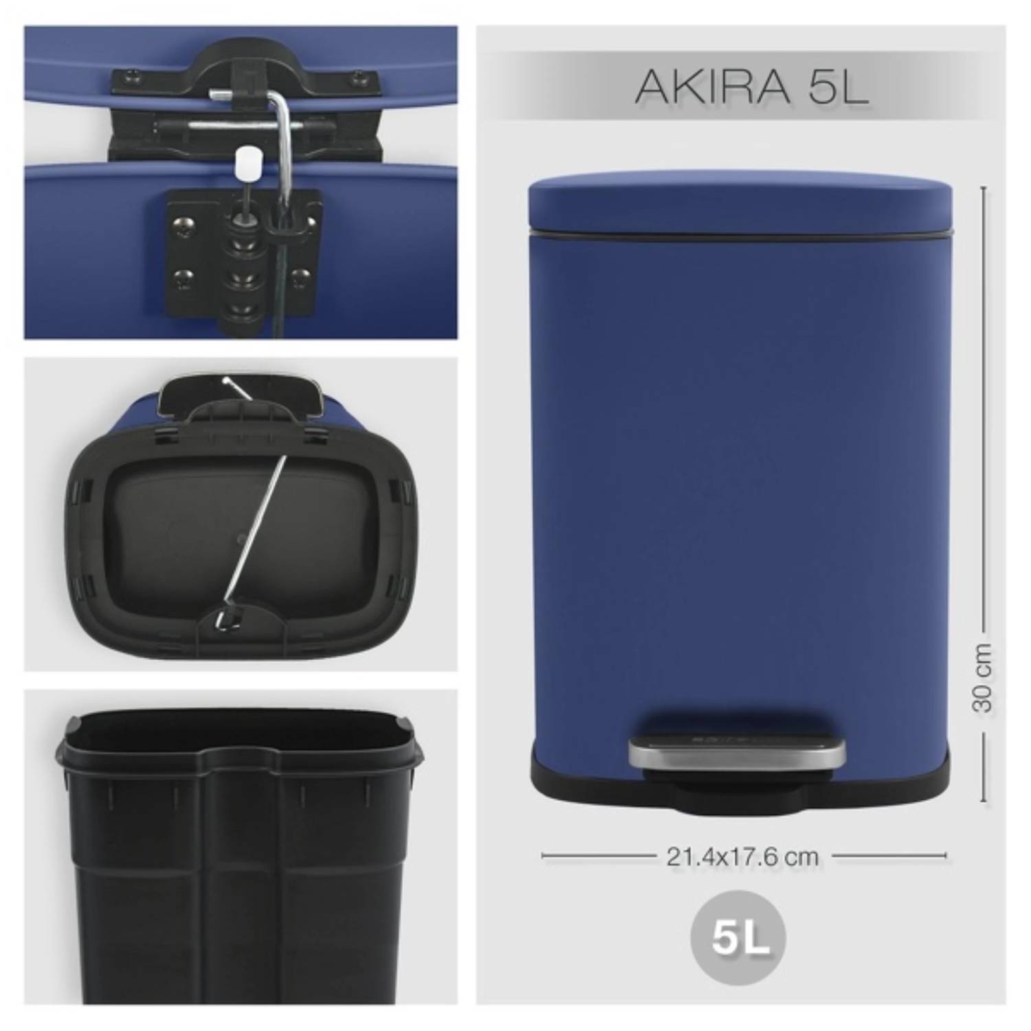 Pattumiera a pedale modello Akira in acciaio capienza 5 litri colore blu opaco
