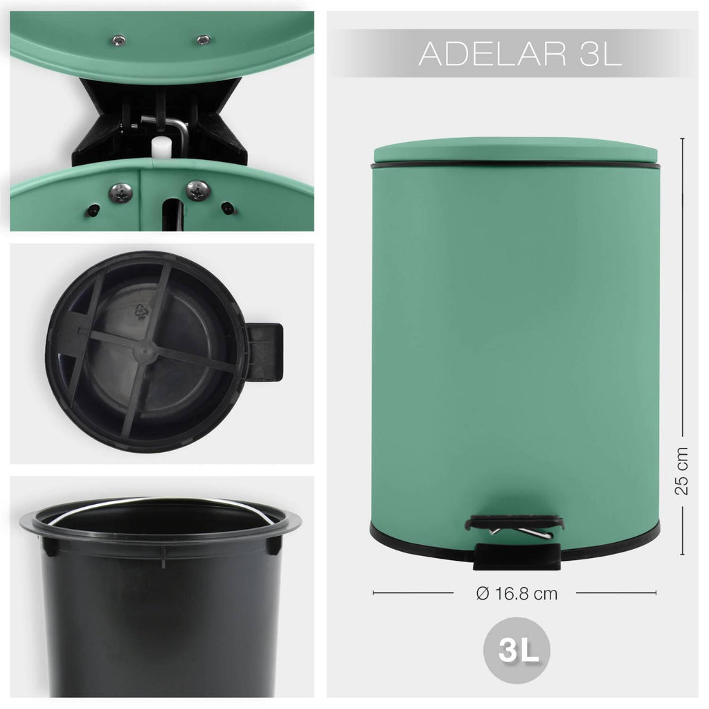 Pattumiera a pedale modello Adelar capienza 3 litri colore verde opaco