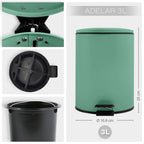 Pattumiera a pedale modello Adelar capienza 3 litri colore verde opaco