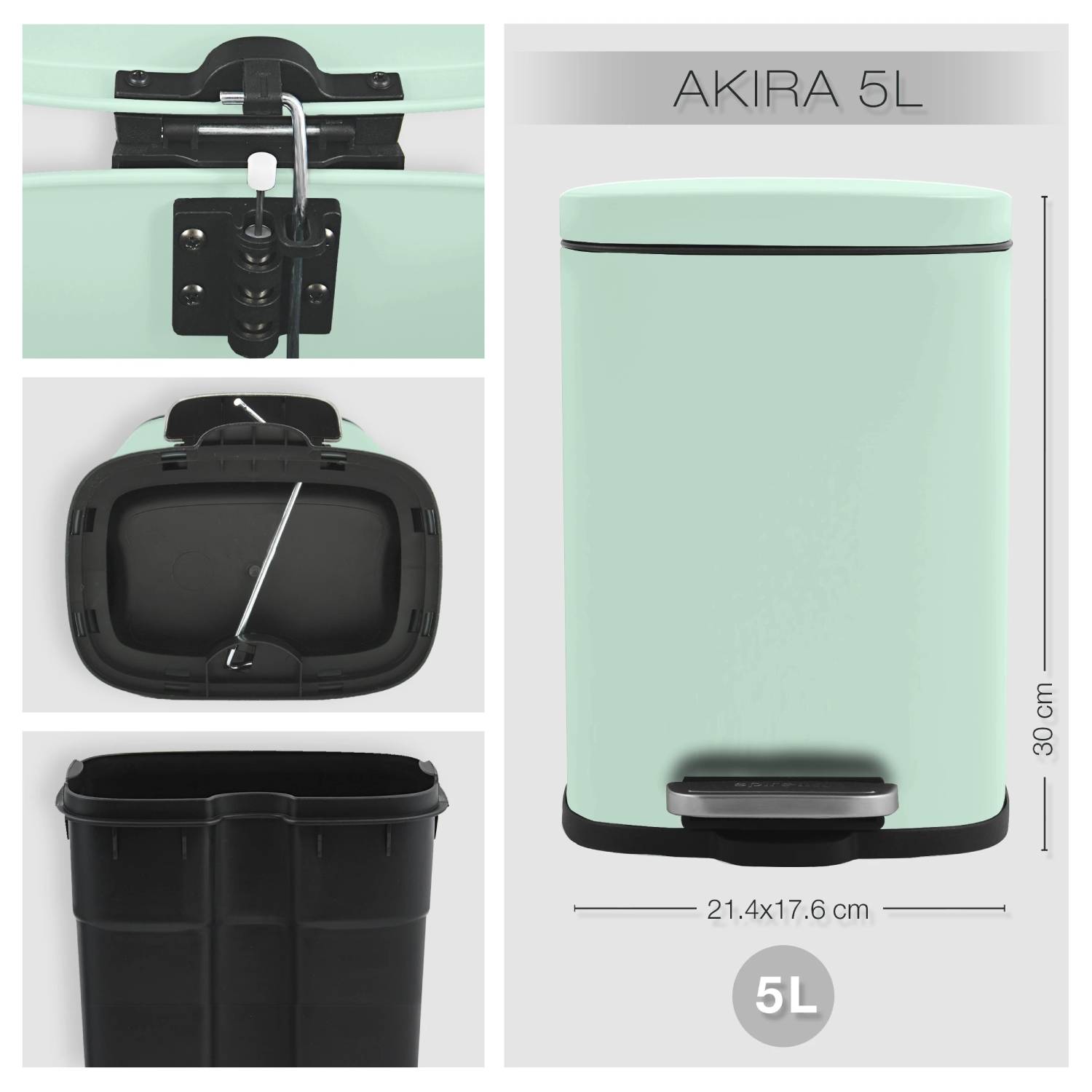 Pattumiera a pedale modello Akira in acciaio capienza 5 litri colore verde lucido opaco