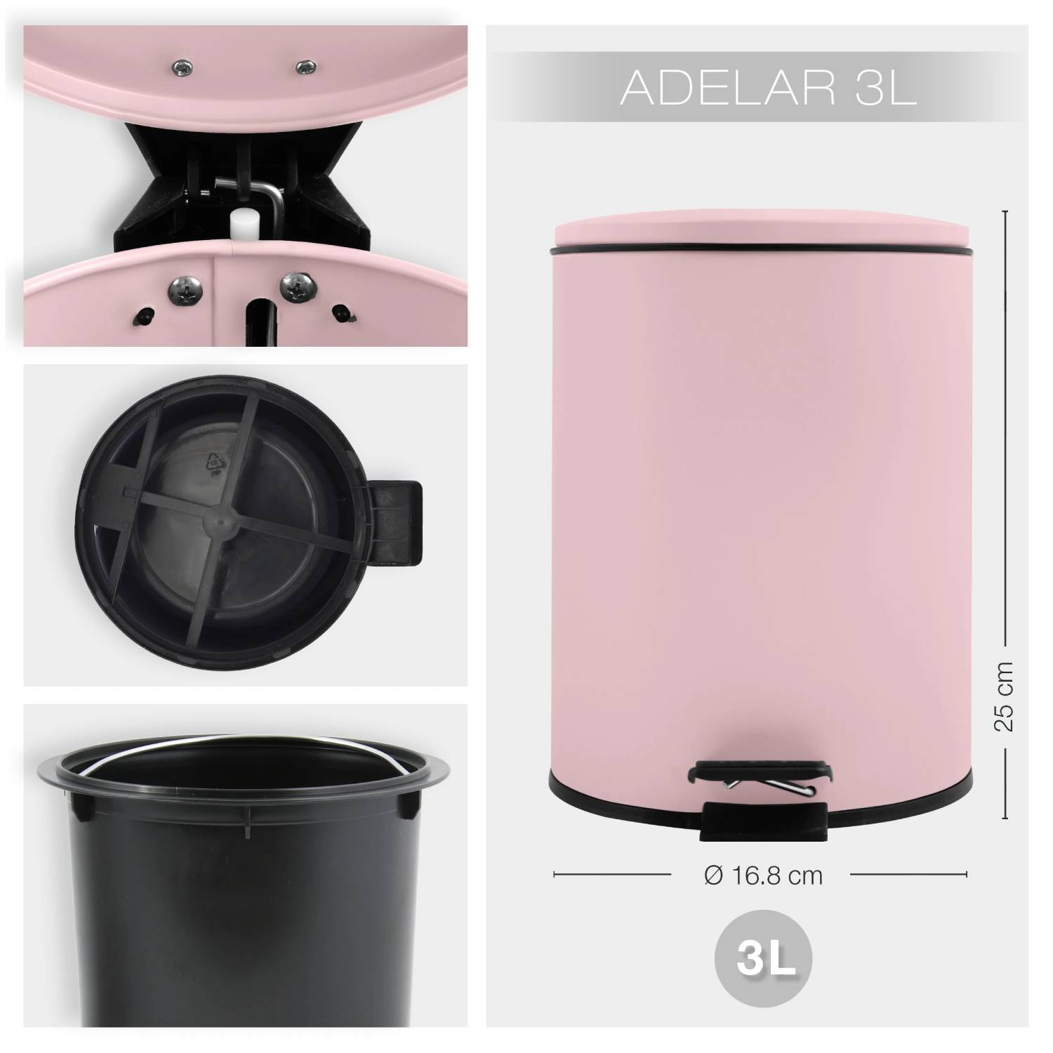 Pattumiera a pedale modello Adelar capienza 3 litri colore rosa pallido opaco