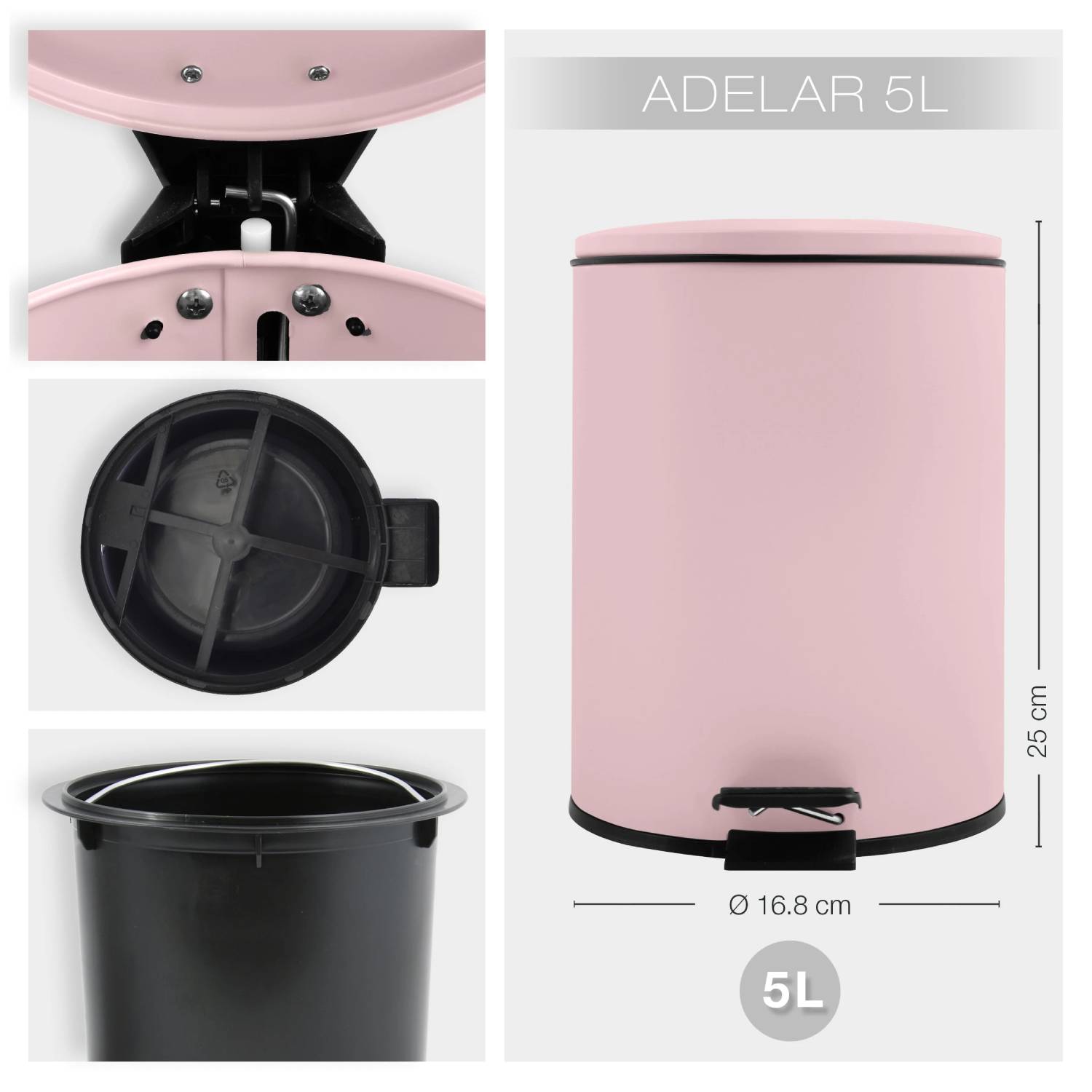 Pattumiera a pedale modello Adelar capienza 5 litri colore rosa opaco