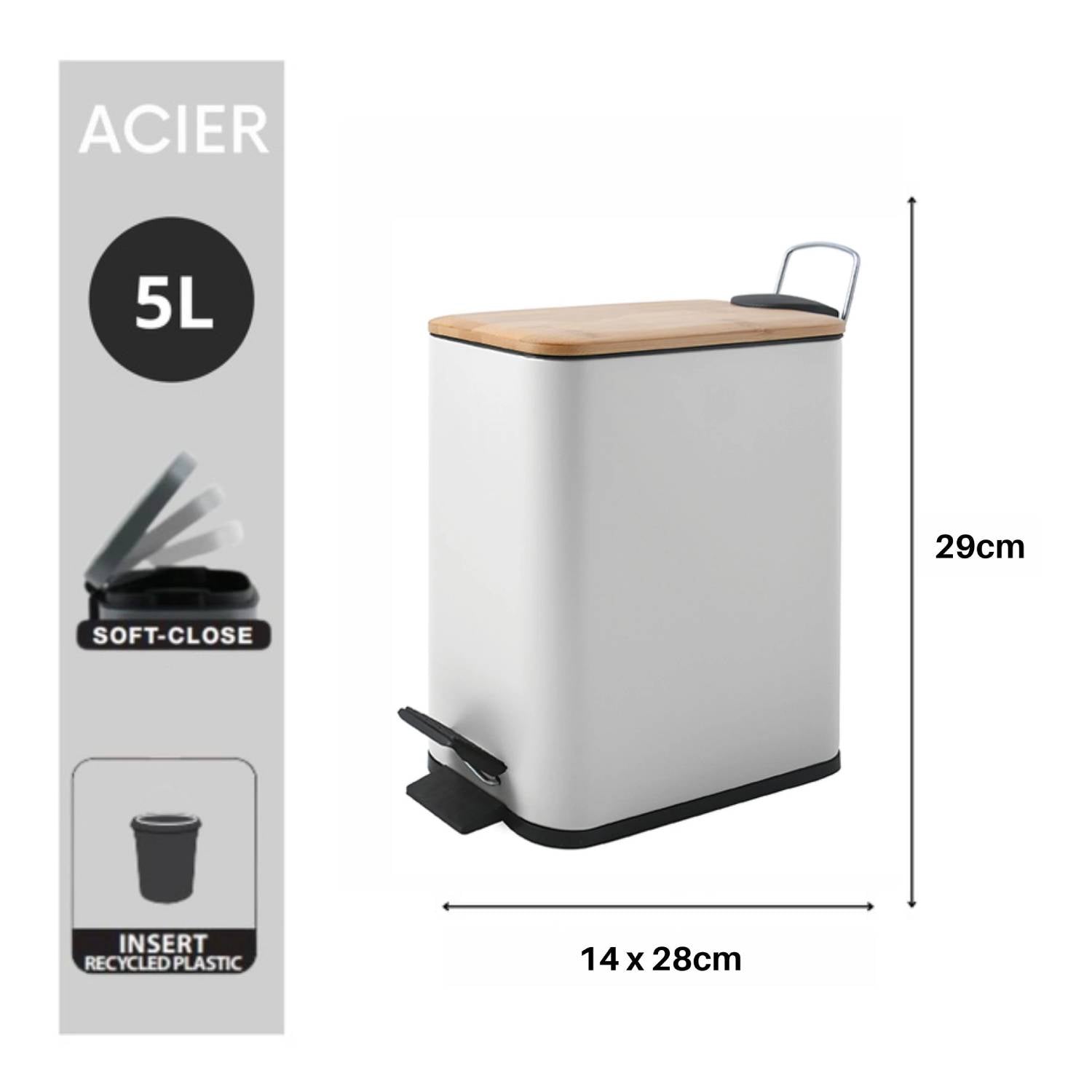 Pattumiera a pedale modello Erik in acciaio e bambÃ¹ capacitÃ  5 litri colore bianco opaco