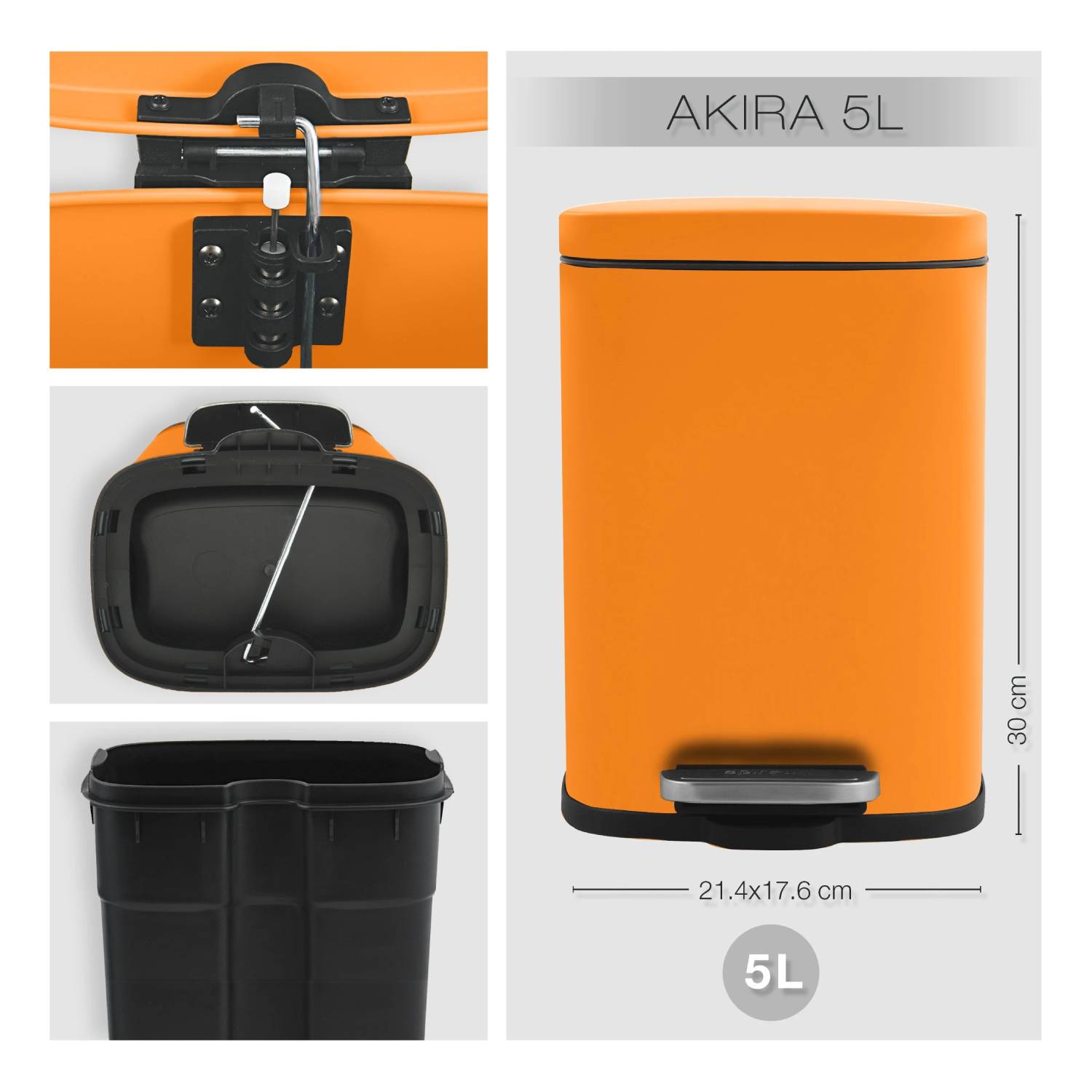 Pattumiera a pedale modello Akira capienza 5 litri colore Arancio opaco