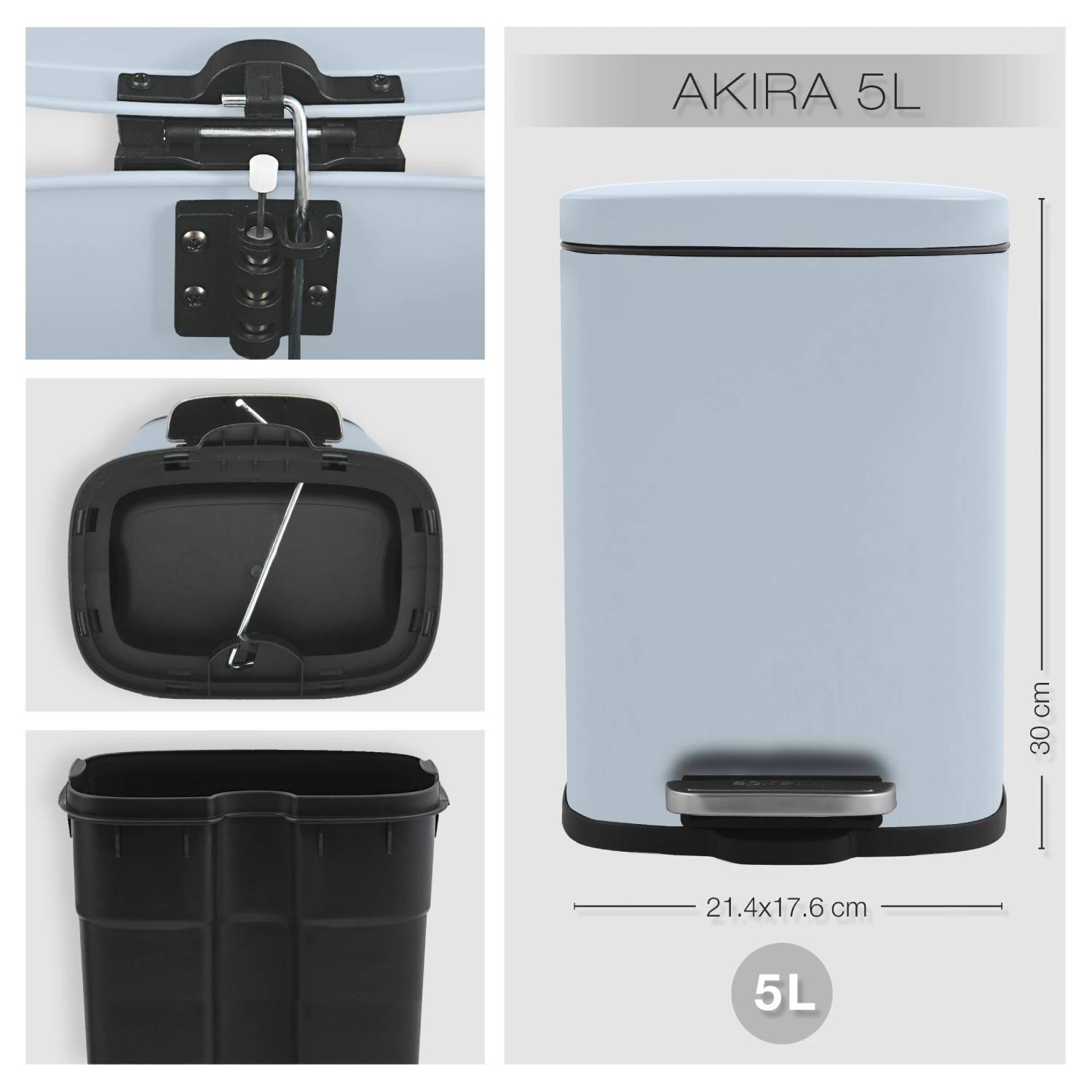 Pattumiera a pedale modello Akira capienza 5 litri colore blu ghiaccio opaco