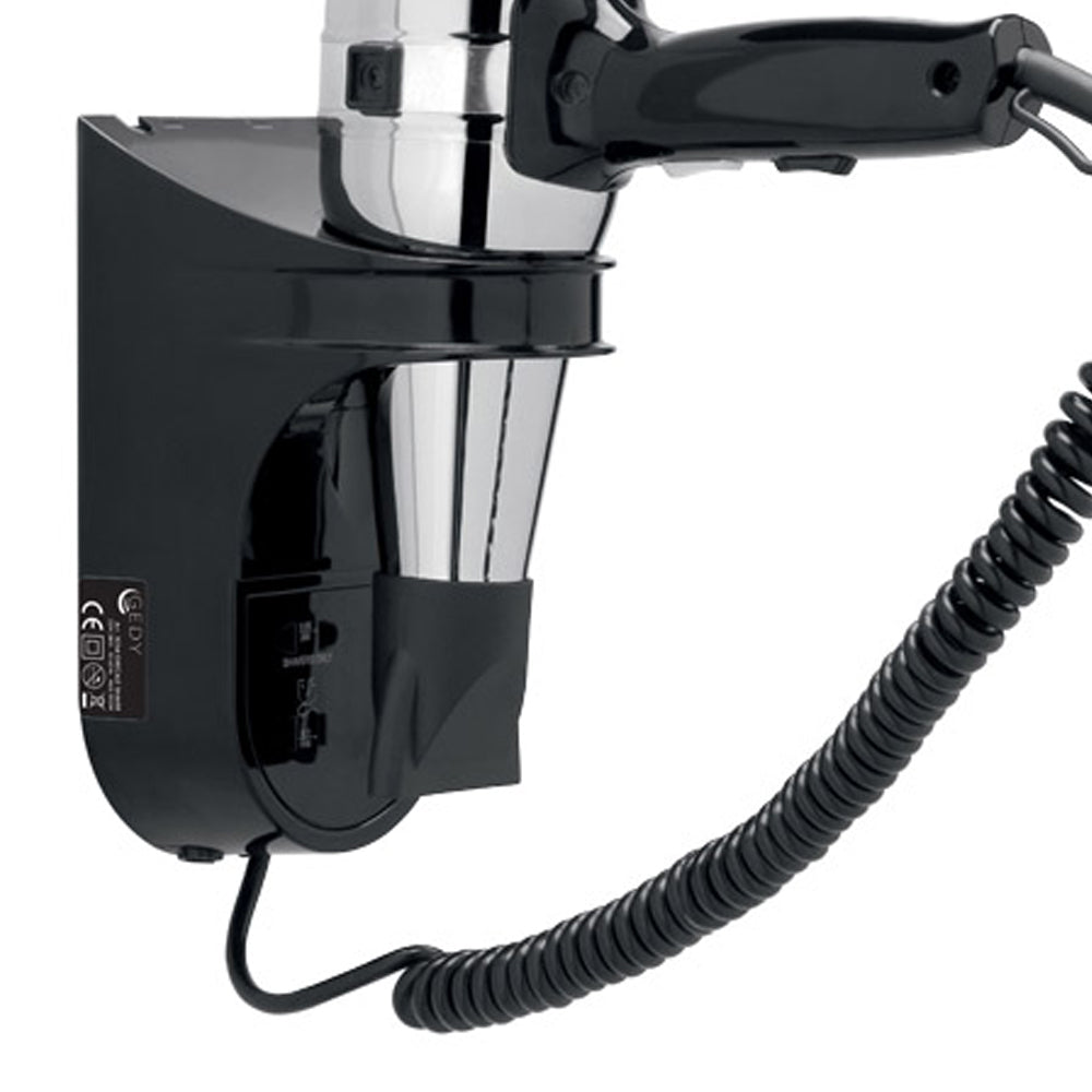 Asciugacapelli 1300 W Gedy modello Grecale con supporto a parete e presa rasoio - Nero/Cromato