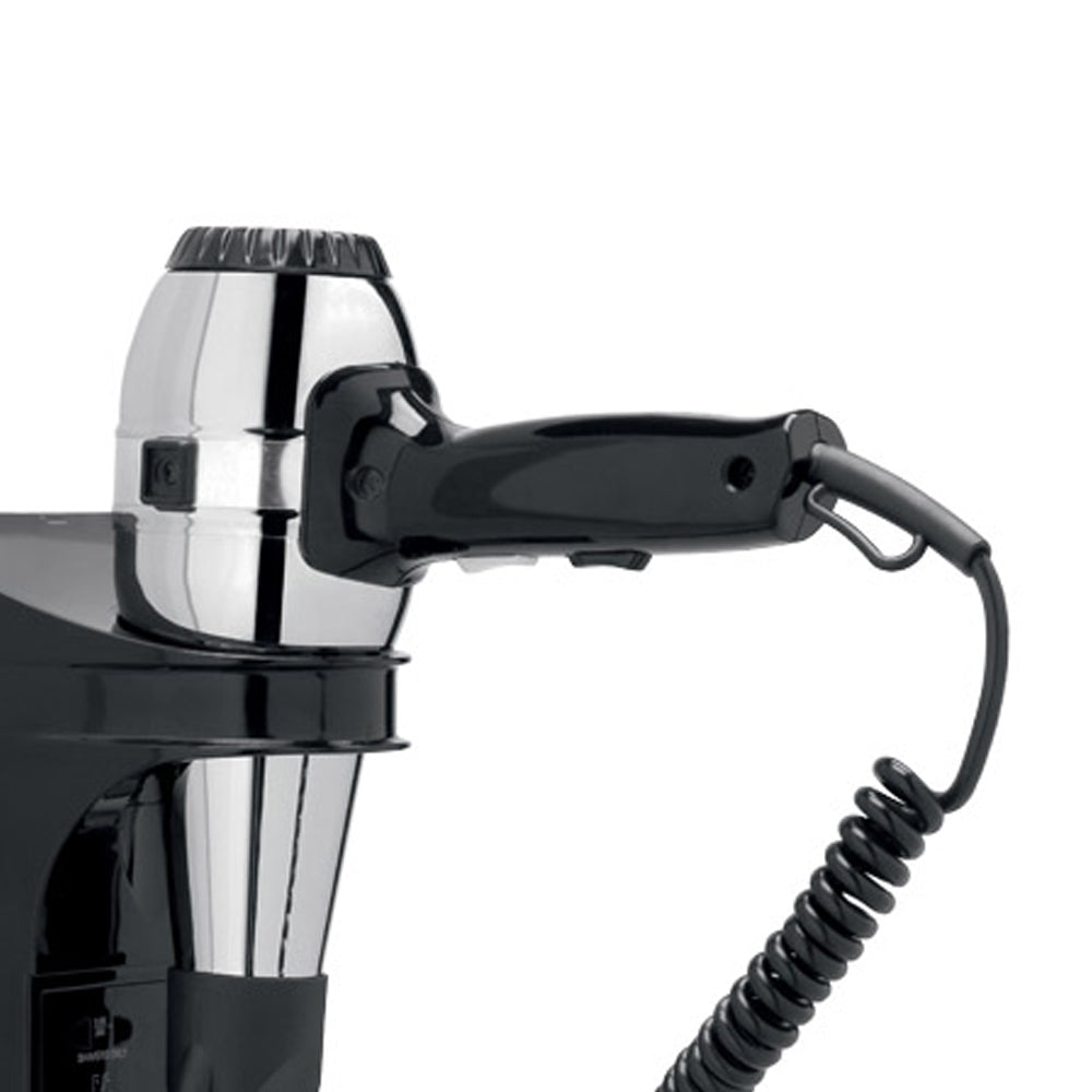 Asciugacapelli 1300 W Gedy modello Grecale con supporto a parete e presa rasoio - Nero/Cromato