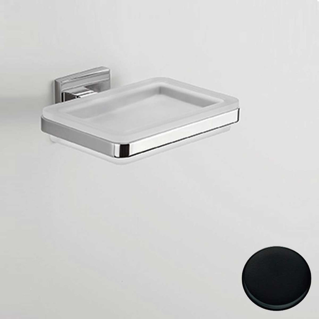 Porta sapone di forma squadrata Nero Opaco con piattino in vetro satinato Colombo Design collezione BasicQ Con fissaggio a tassello