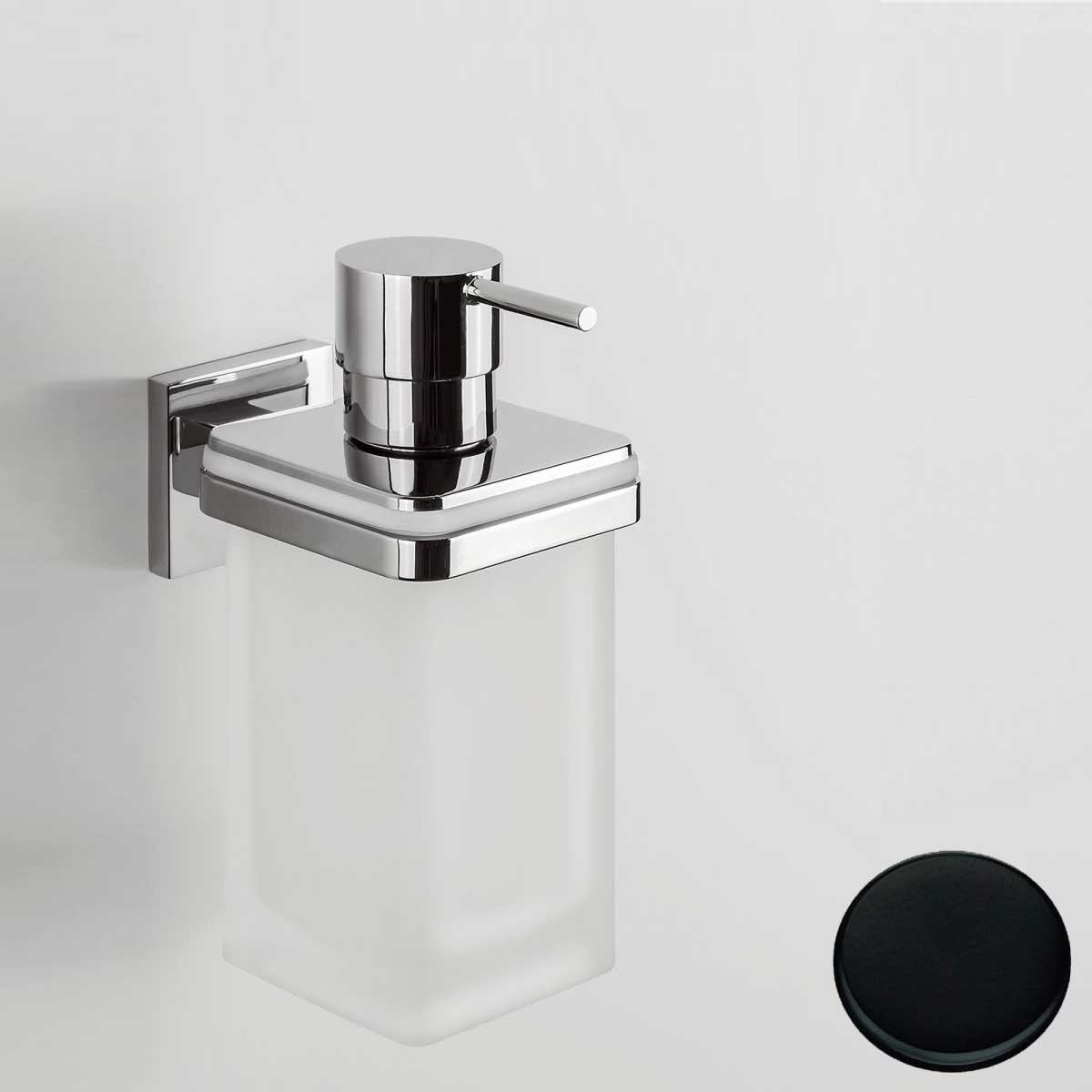 Dispenser Sapone di forma squadrata Nero Opaco con contenitore in vetro satinato Colombo Design collezione BasicQ Con fissaggio a tassello