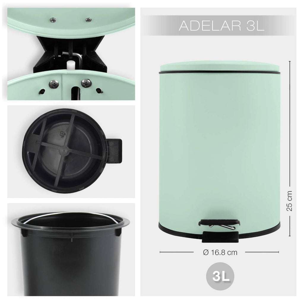 Pattumiera a pedale modello Adelar capienza 3 litri colore verde lucido opaco