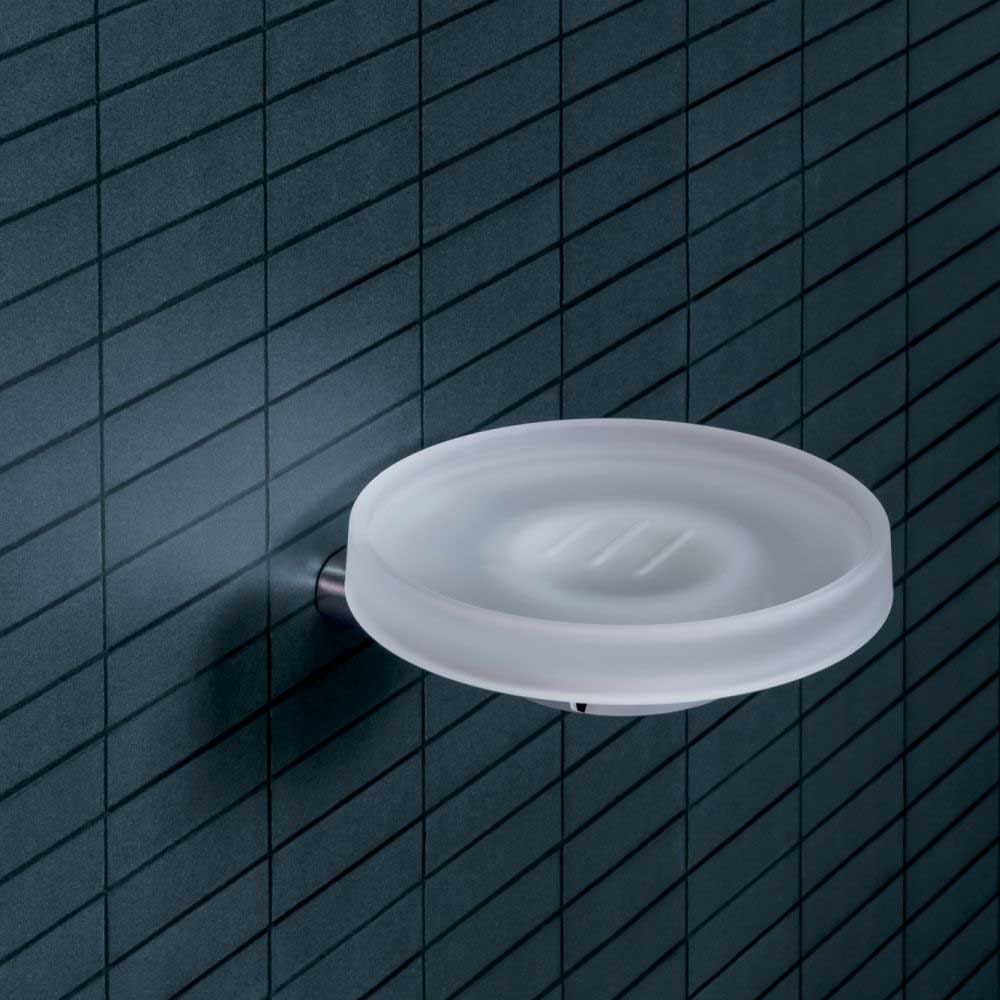 Porta sapone in ottone cromato con piattino in vetro satinato Colombo Design collezione Mini Con fissaggio a tassello