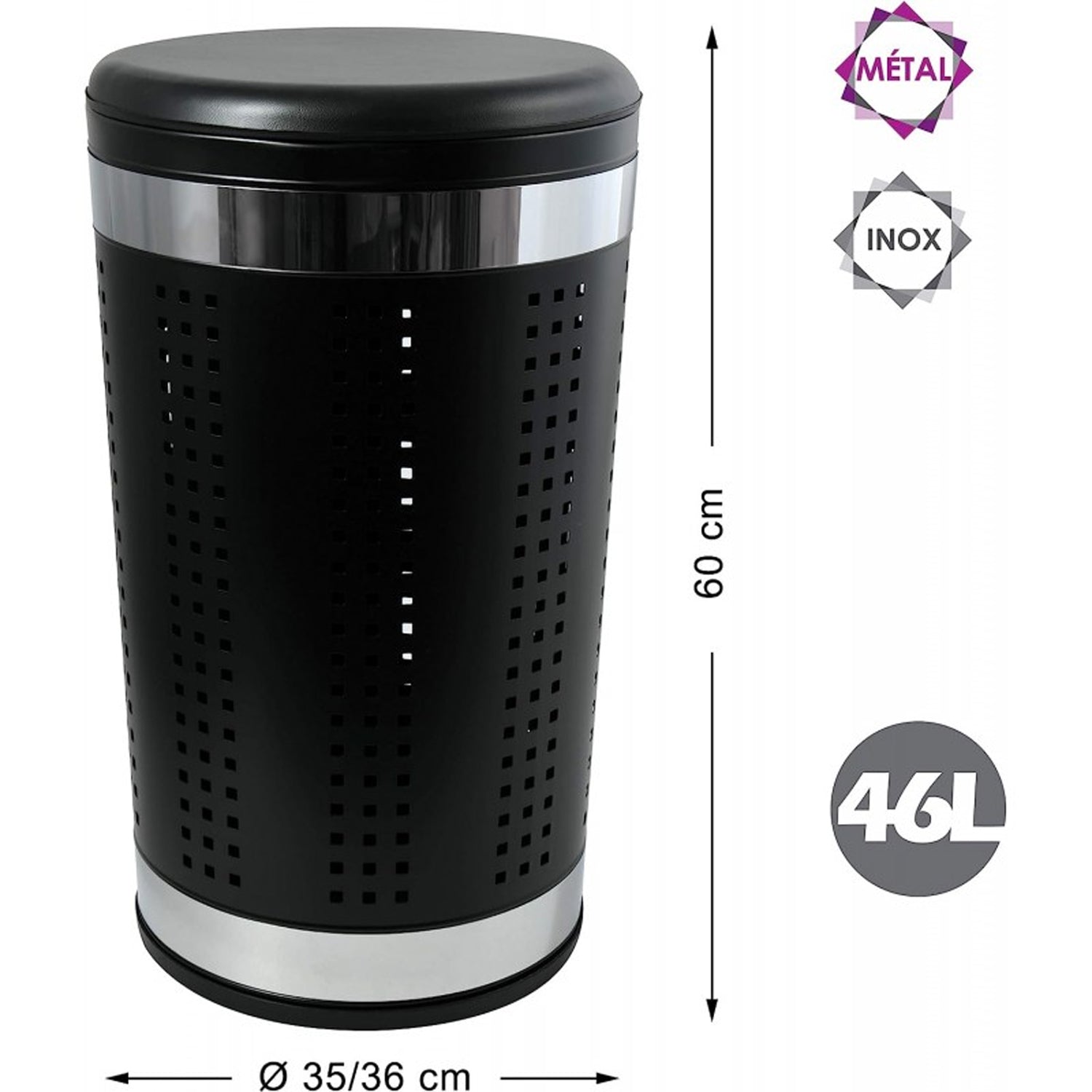Cesto portabiancheria da 46L con fodera in Acciaio Inox - Nero