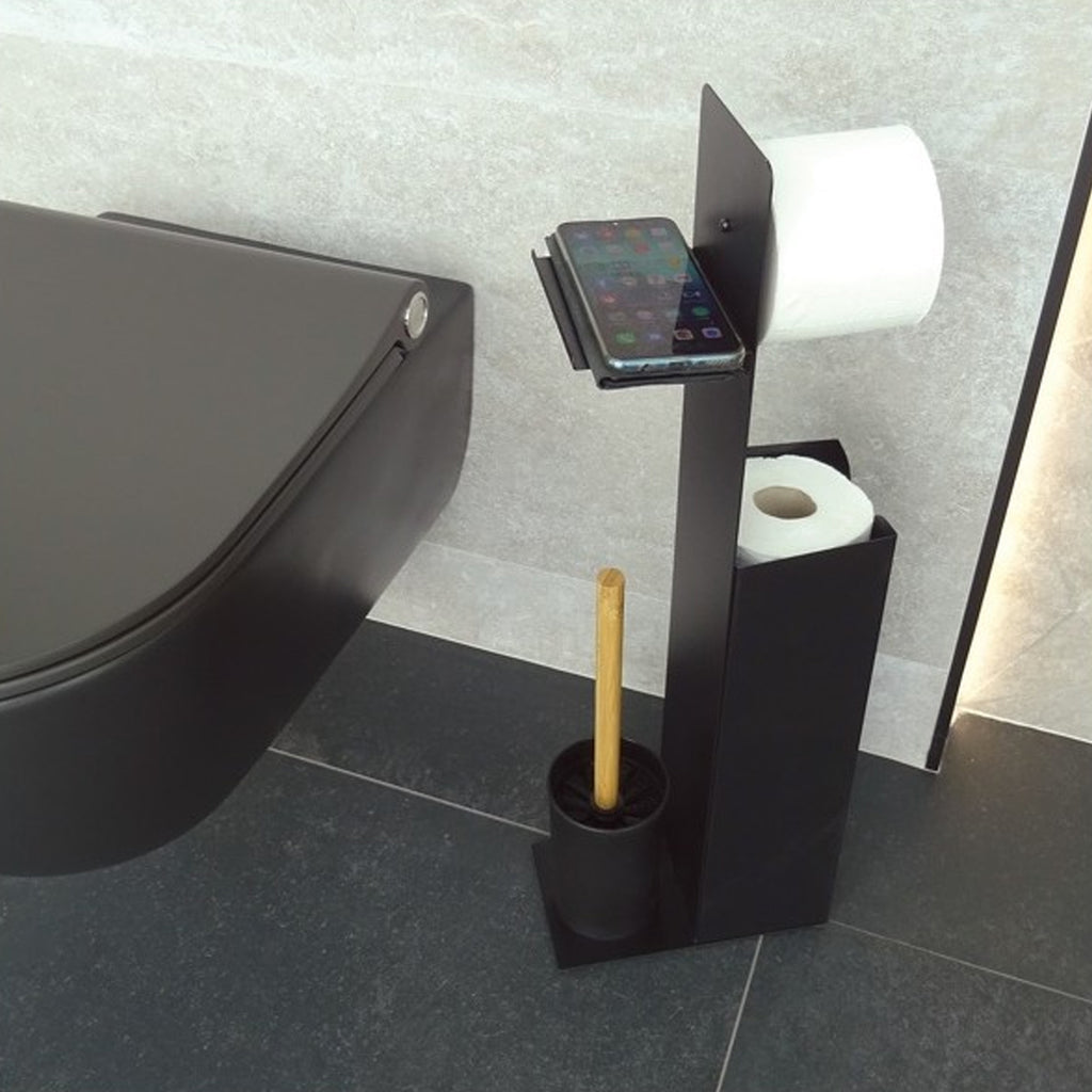Piantana portarotolo con porta smartphone in Acciaio & BambÃ¹ modello Yoni - Nero Opaco