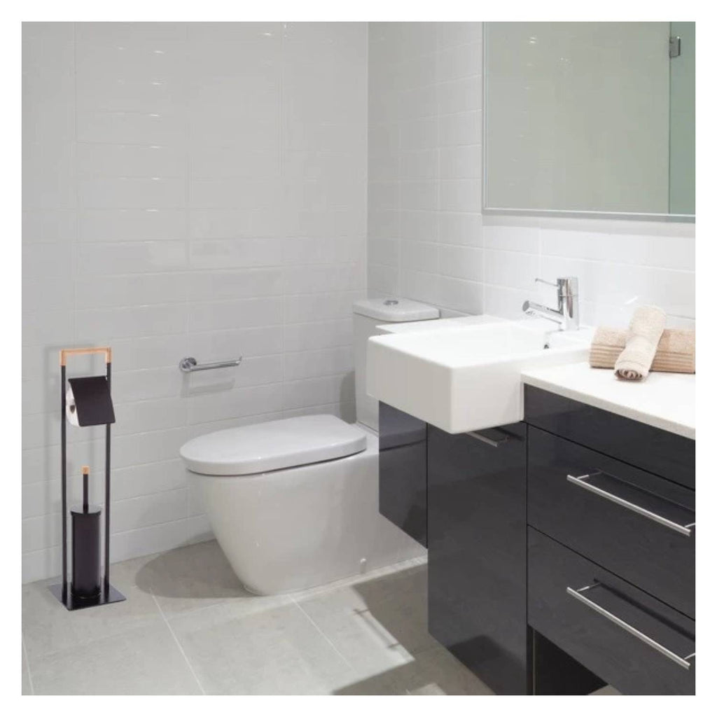 Piantana da bagno con porta rotolo carta igienica e scopino wc in bambÃ¹ e acciaio colore nero opaco