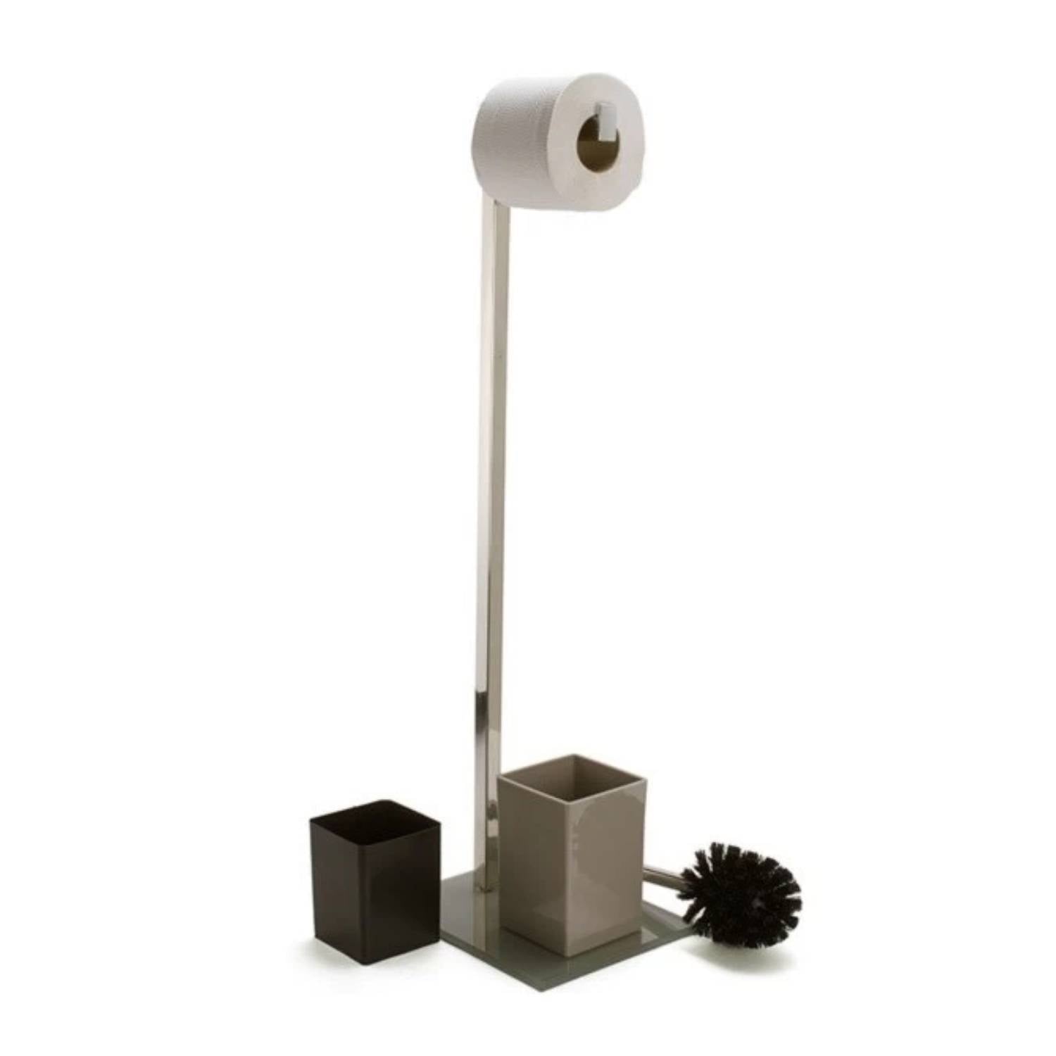 Piantana da bagno con portarotolo carta igienica e scopino wc in acciaio inox colore tortora