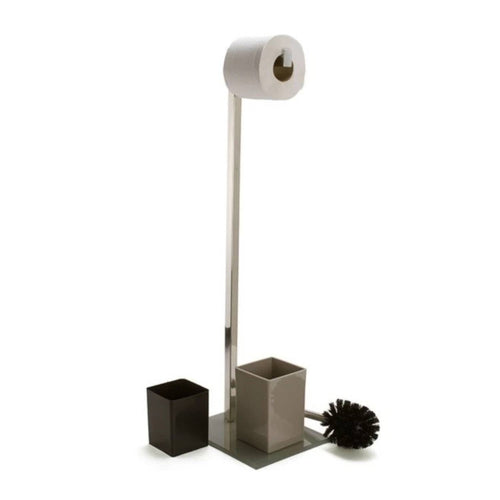 Piantana da bagno con portarotolo carta igienica e scopino wc in acciaio inox colore tortora