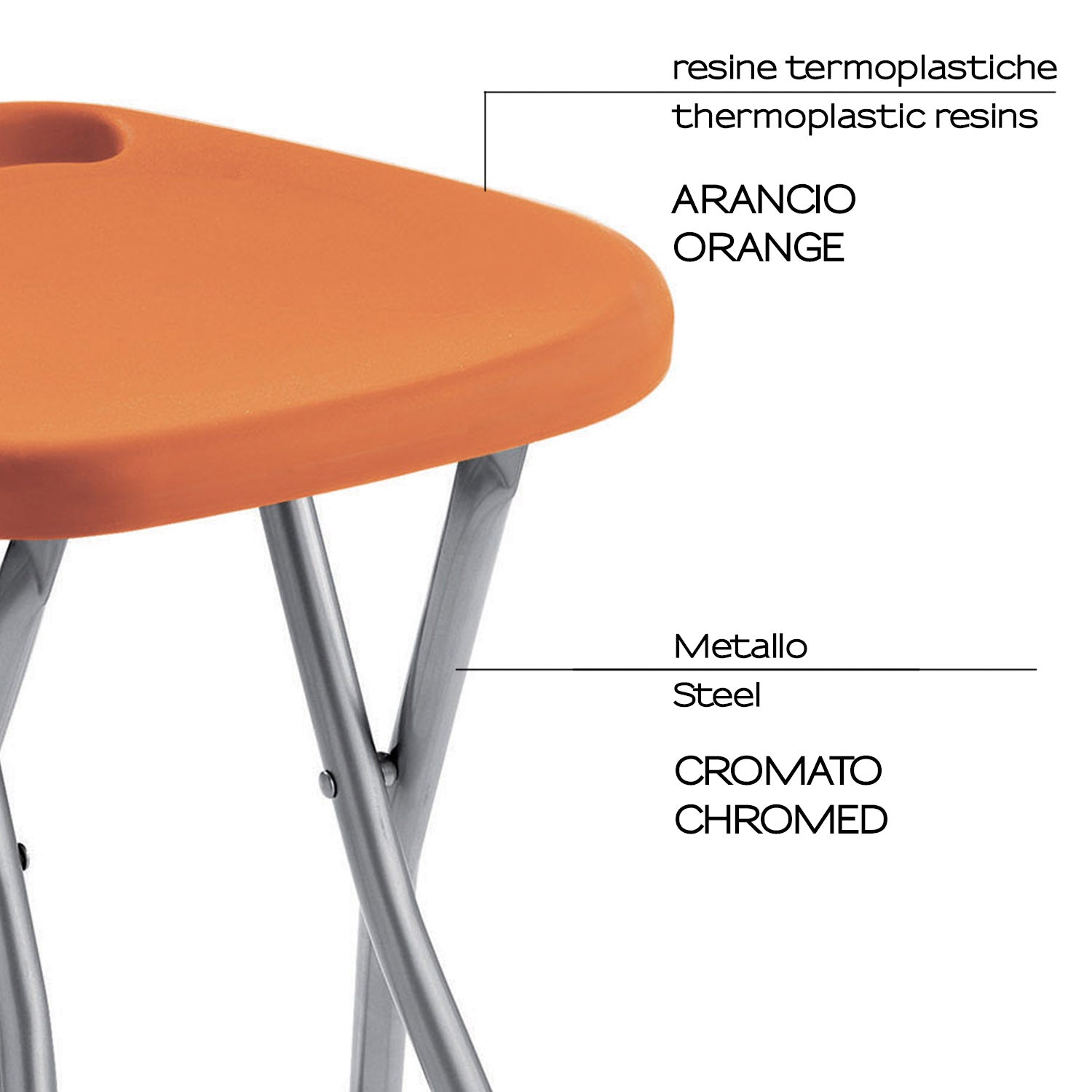 Sgabello Gedy richiudibile in resine termoplastiche e metallo - Arancione