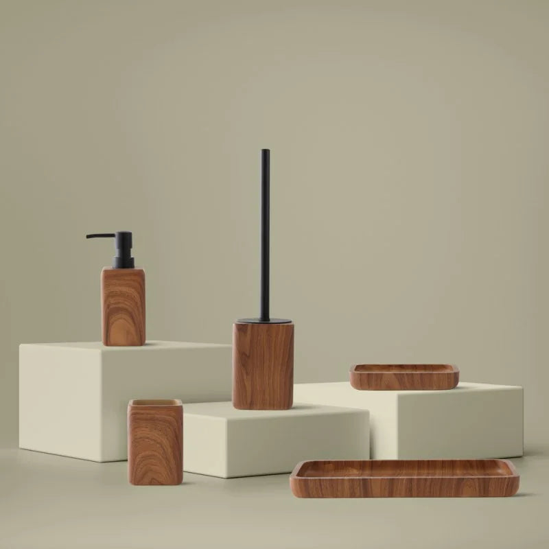 Dispenser sapone dâ€™appoggio BathCore serie Roots - Nero/Effetto legno