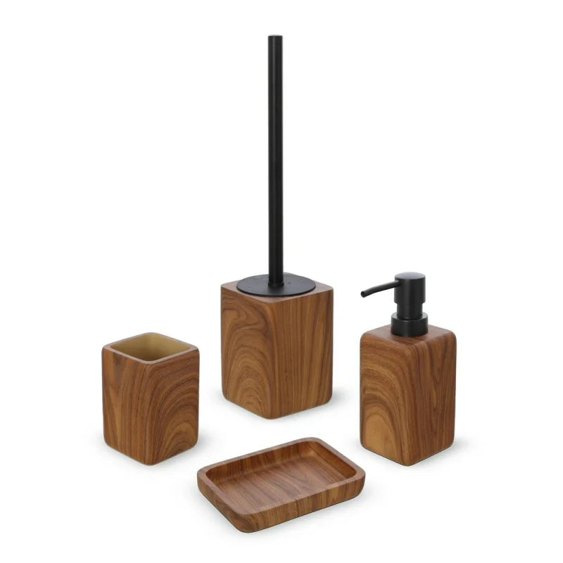 Set accessori bagno BathCore serie RootsNero/Effetto legno (4 pezzi)