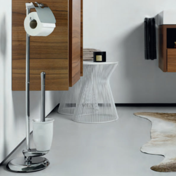 Piantana da bagno con portarotolo carta igienica e scopino modello Darwin in acciaio cromato e porcellana