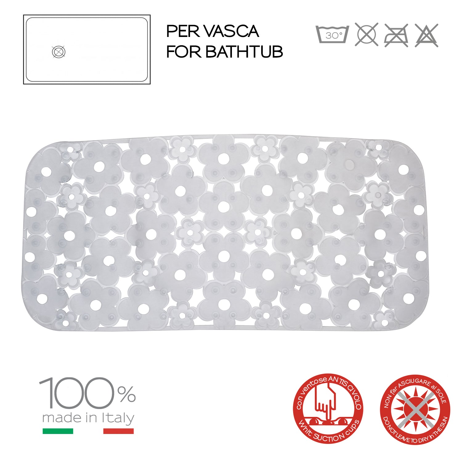Tappeto antiscivolo vasca 73x35 in PVC modello Margherita di Gedy - Trasparente