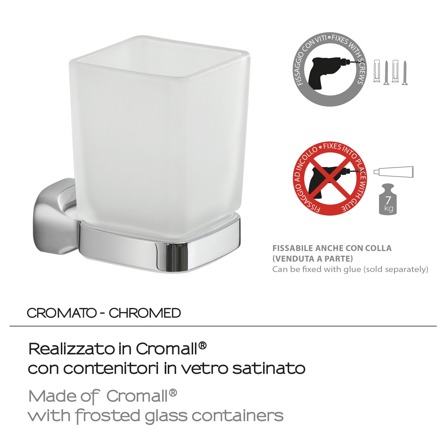 Portaspazzolini a parete in Acciaio Inox e Vetro Satinato Gedy serie Stelvio - Cromato