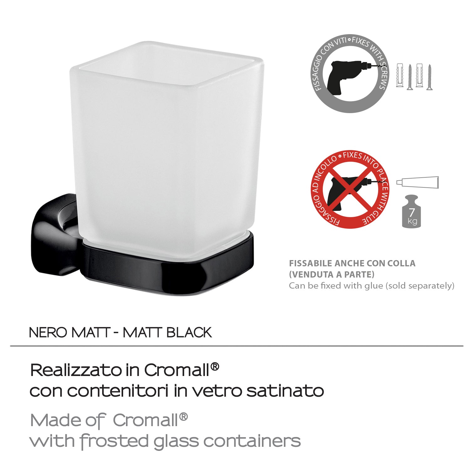 Portaspazzolini a parete in Acciaio Inox e Vetro Satinato Gedy serie Stelvio - Nero Matt