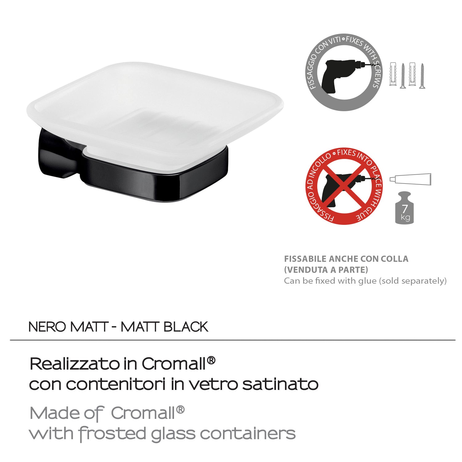Portasapone a parete in Acciaio Inox e Vetro Satinato Gedy serie Stelvio - Nero Matt