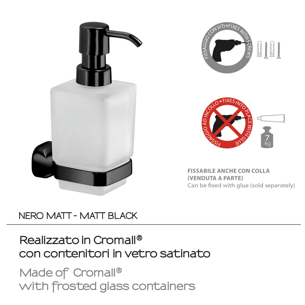 Dispenser sapone a parete in Acciaio Inox e Vetro Satinato Gedy serie Stelvio - Nero Matt