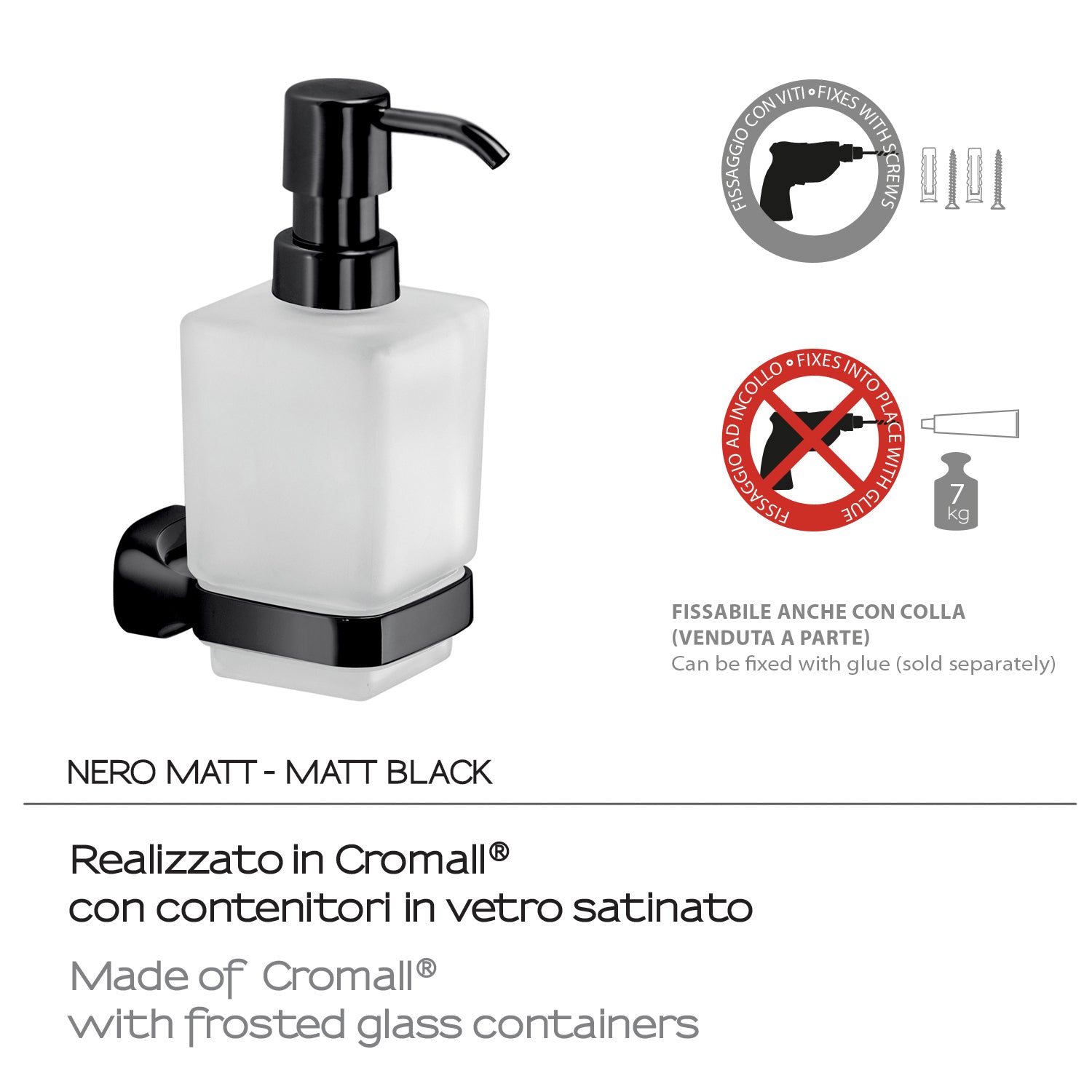 Dispenser sapone a parete in Acciaio Inox e Vetro Satinato Gedy serie Stelvio - Nero Matt