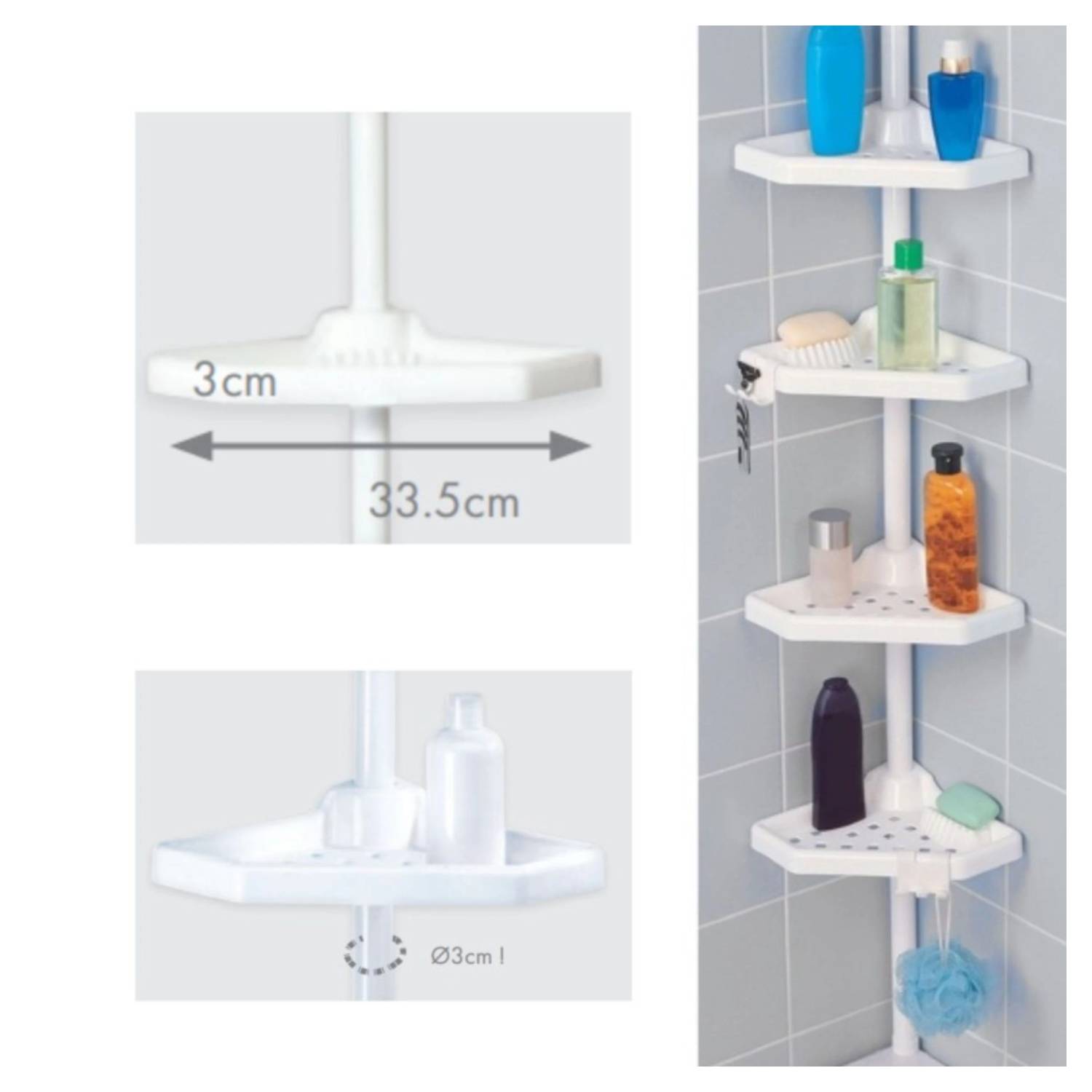 Mensola doccia angolare 4 ripiani in plastica di colore bianco