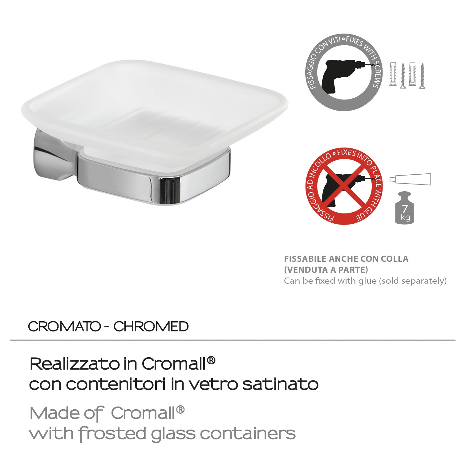 Portasapone a parete in Acciaio Inox e Vetro Satinato Gedy serie Stelvio - Cromato