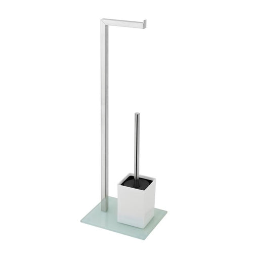 Piantana bagno in acciaio cromato con portarotolo e scopino bianco 70