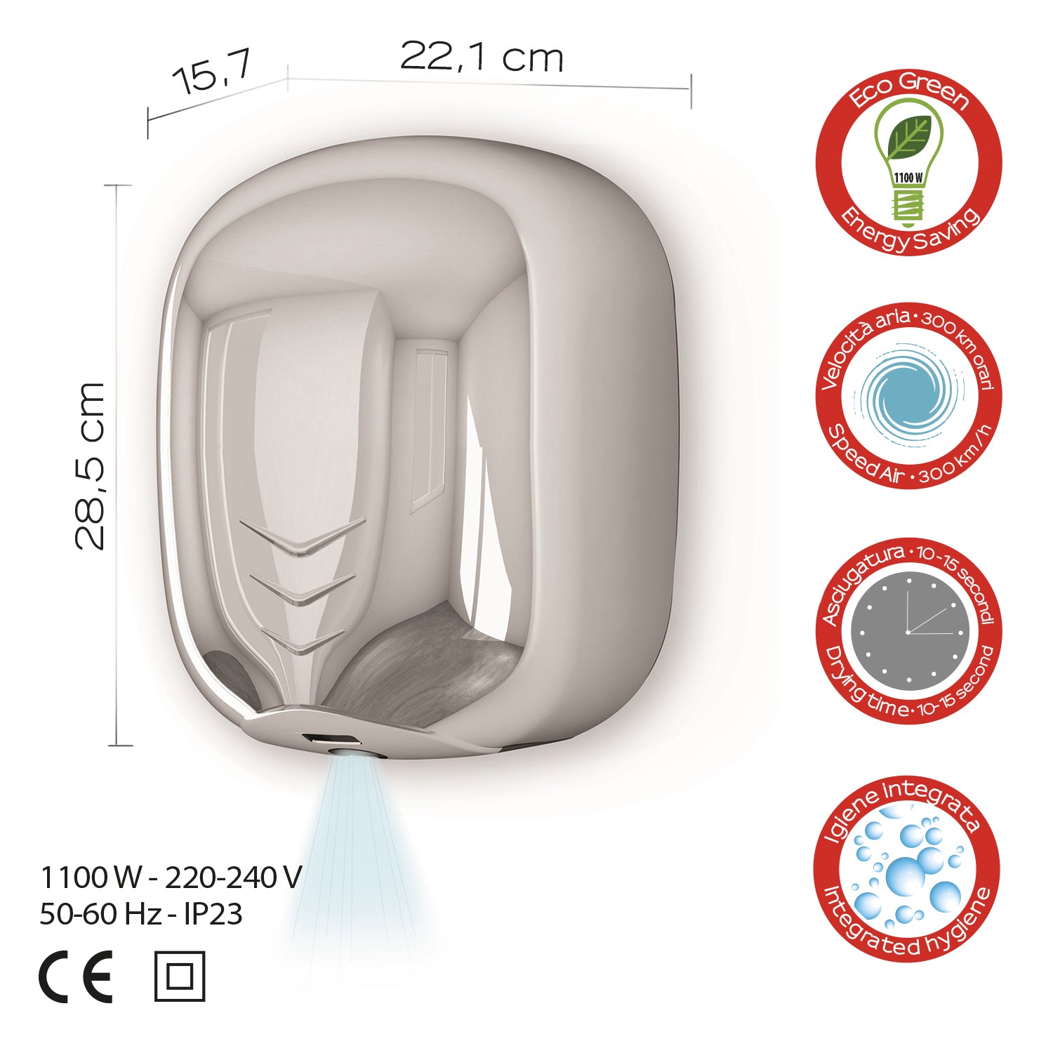 Asciugamani elettrico a fotocellula Eco-Jet modello Bora di Gedy - Cromato