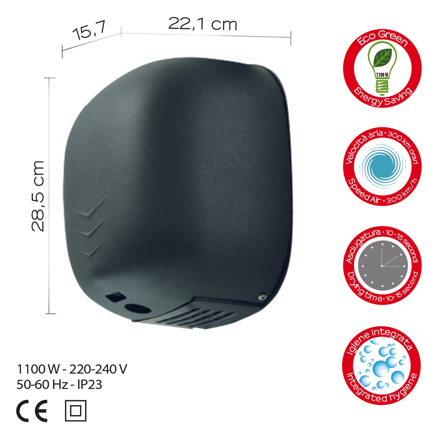 Asciugamani elettrico a fotocellula Eco-Jet modello Bora di Gedy - Satinato