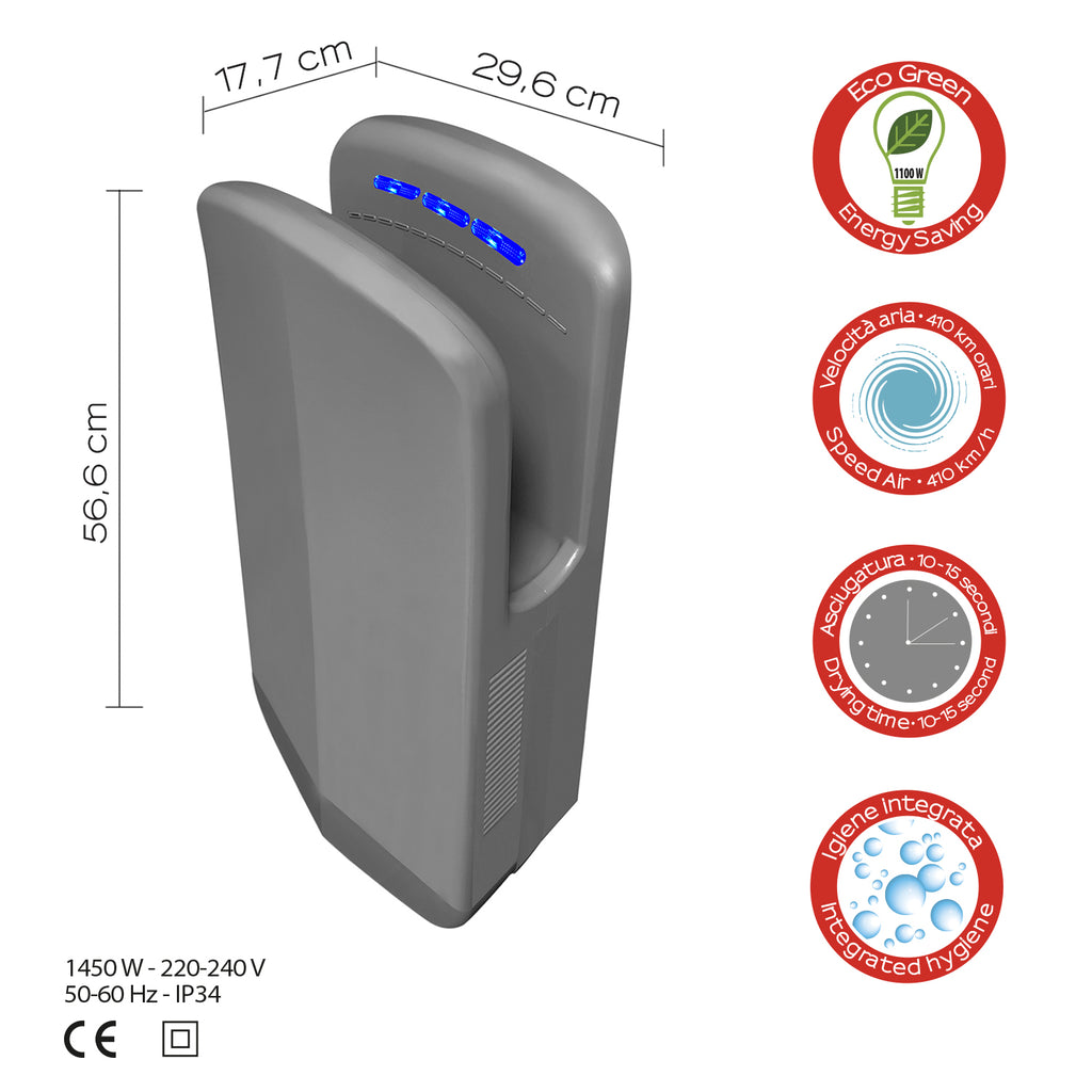 Asciugamani elettrico a fotocellula Eco-Jet di Gedy modello Diablo - Grigio