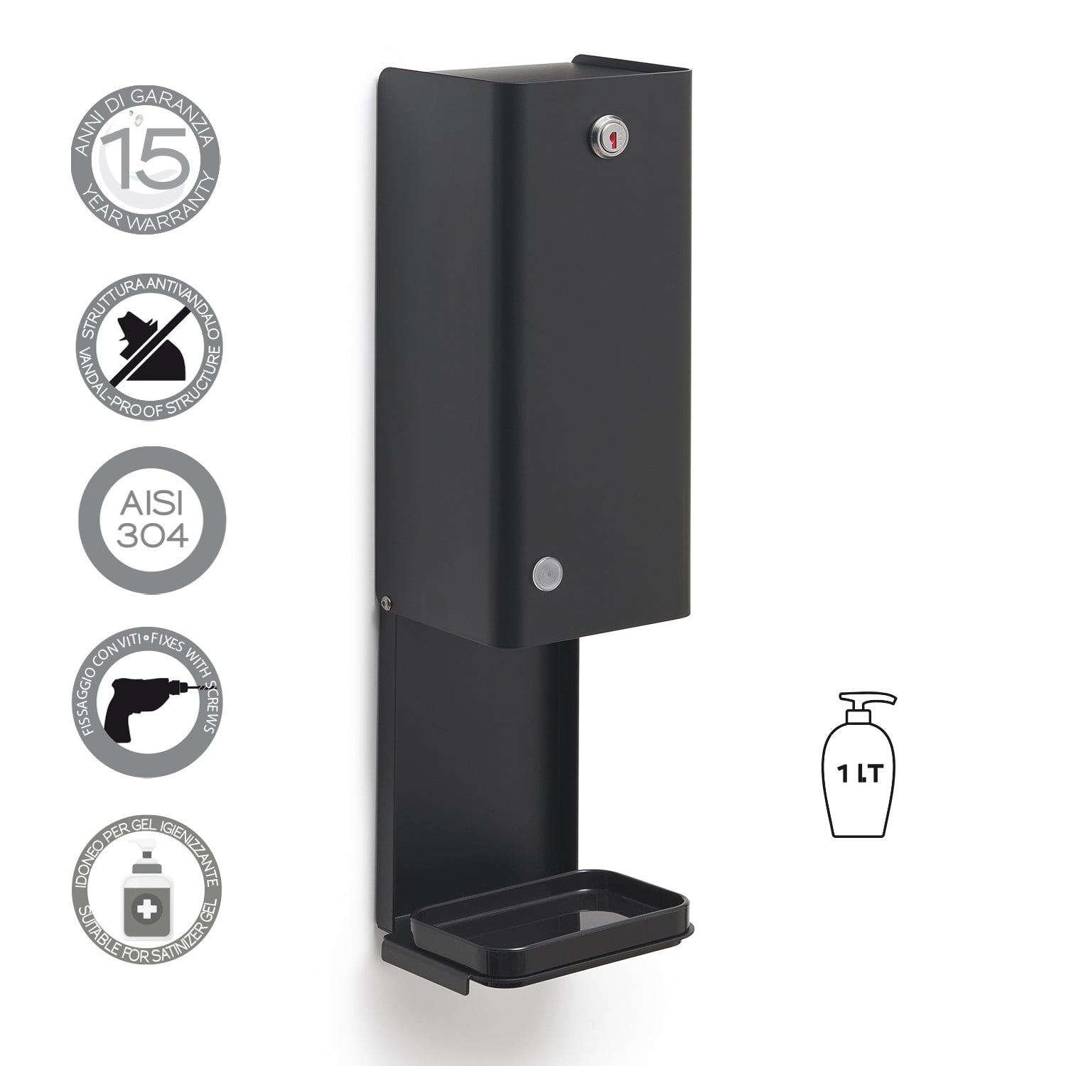 Distributore di sapone/gel igienizzante Touchless di Gedy modello Bonito - Nero Matt