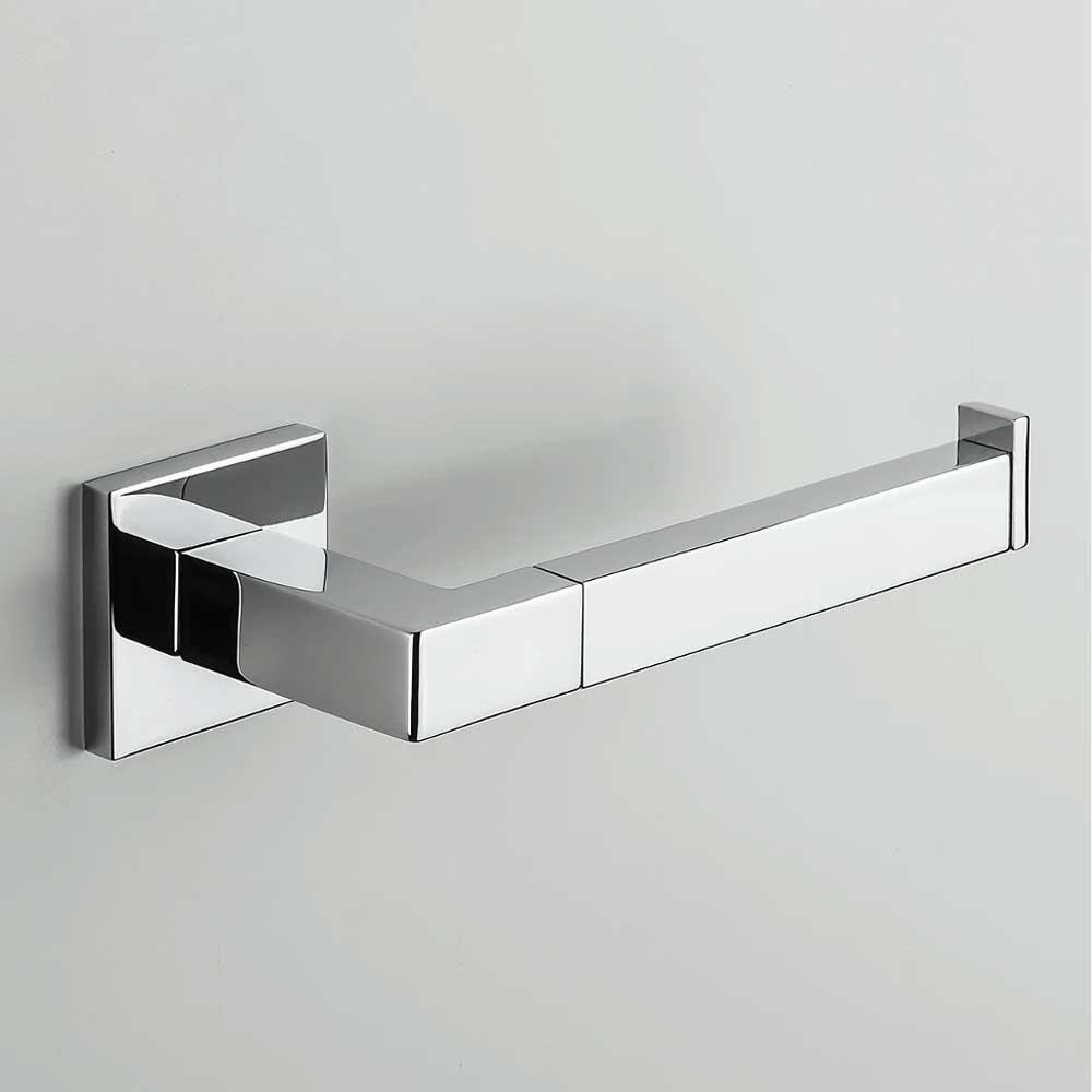 Porta rotolo Destro di forma squadrata in ottone cromato  Colombo Design collezione BasicQ Con fissaggio a tassello
