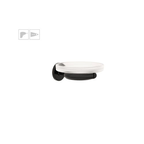 Porta sapone da incollo o da fissare a parete in ottone verniciato nero opaco e vetro acidato collezione SebecI  di Lineabeta