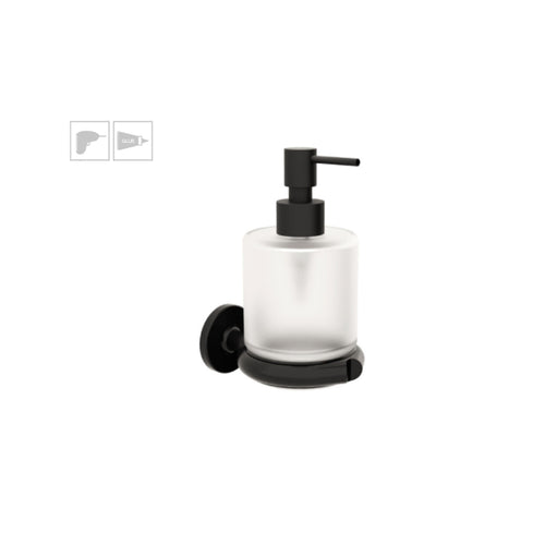 Dispenser sapone da incollo o da fissare a parete in ottone verniciato nero opaco e vetro acidato collezione SebecÃ  di Lineabeta 250ml