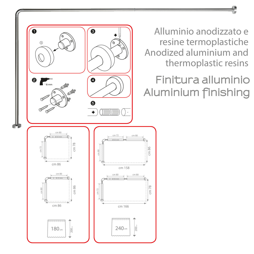 Asta doccia angolare 80x170 cm di Gedy - Alluminio Anodizzato