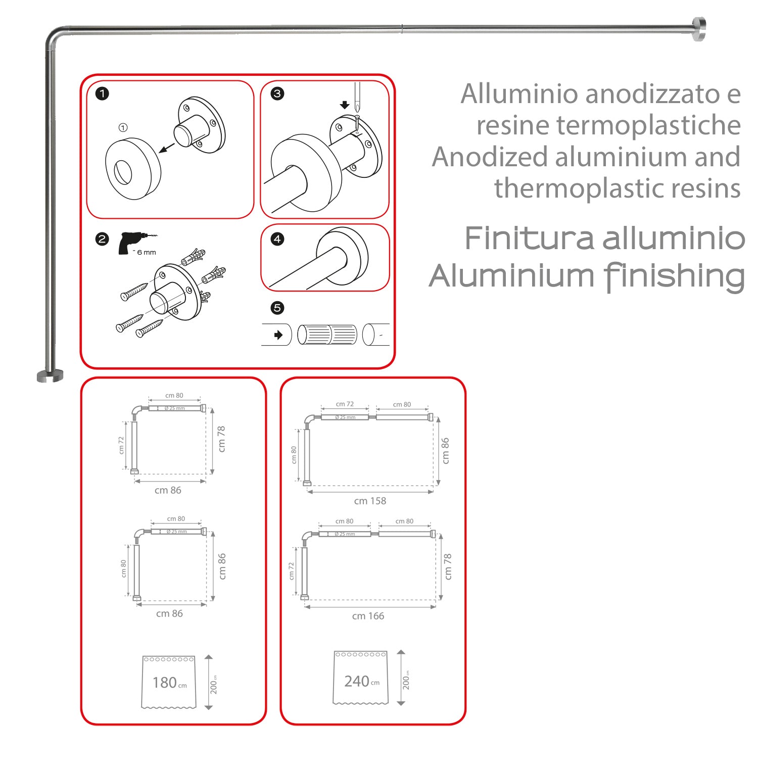 Asta doccia angolare 80x170 cm di Gedy - Alluminio Anodizzato