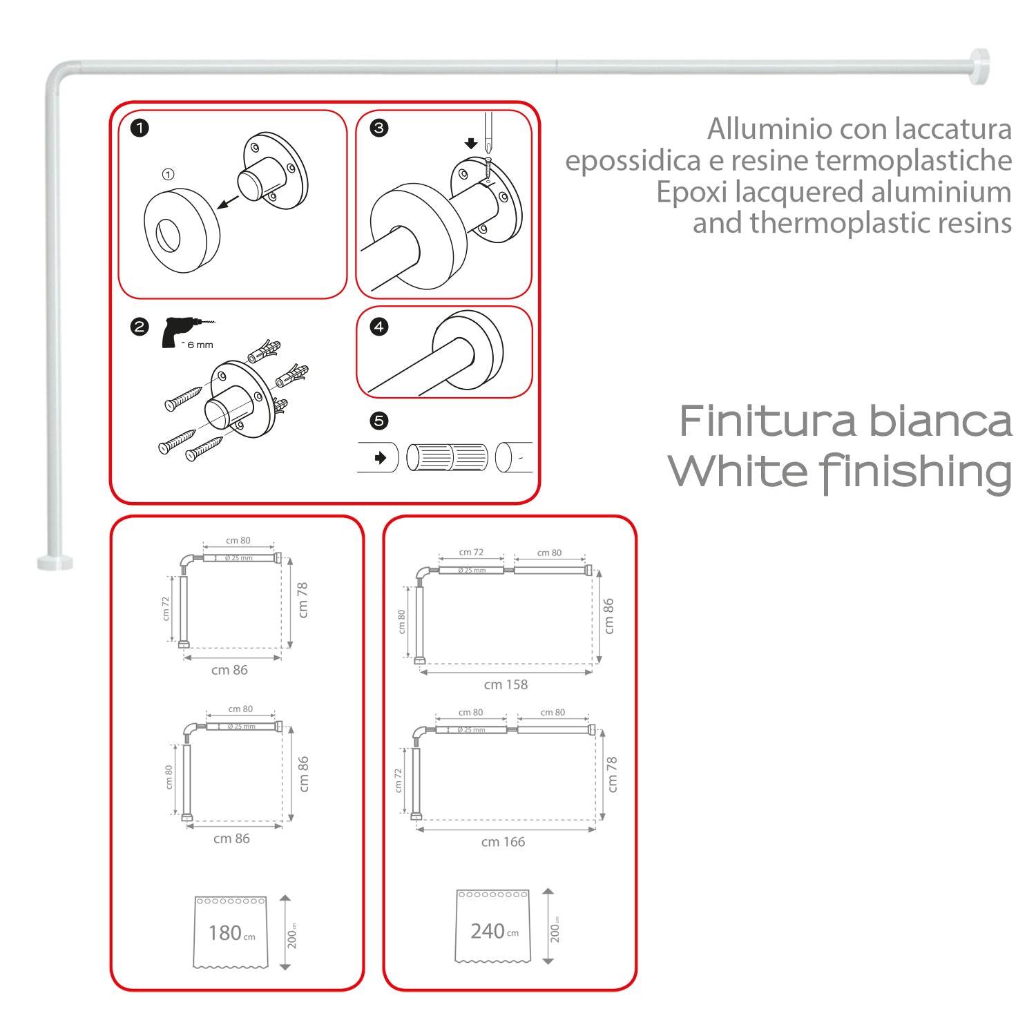 Asta doccia angolare in Alluminio 80x170 cm di Gedy - Bianco