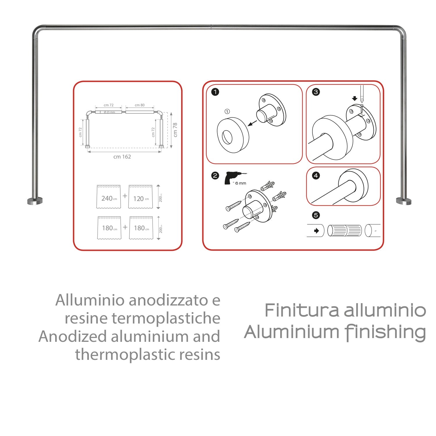 Asta doccia angolare 80x170x80 cm di Gedy - Alluminio Anodizzato