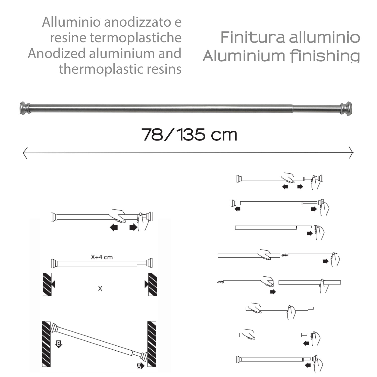 Asta doccia estensibile 80/135 cm di Gedy - Alluminio Anodizzato