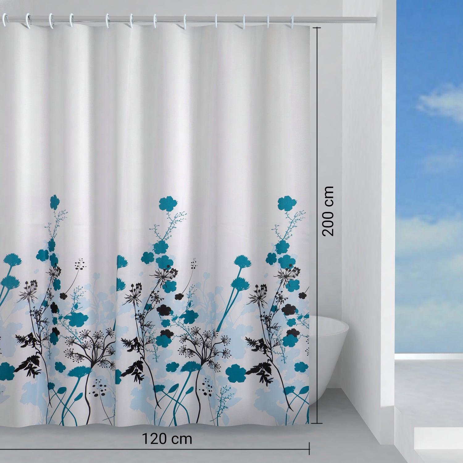 Tenda doccia in tessuto 120x200 cm modello Ricordi di Gedy - Celeste/Turchese/Nero