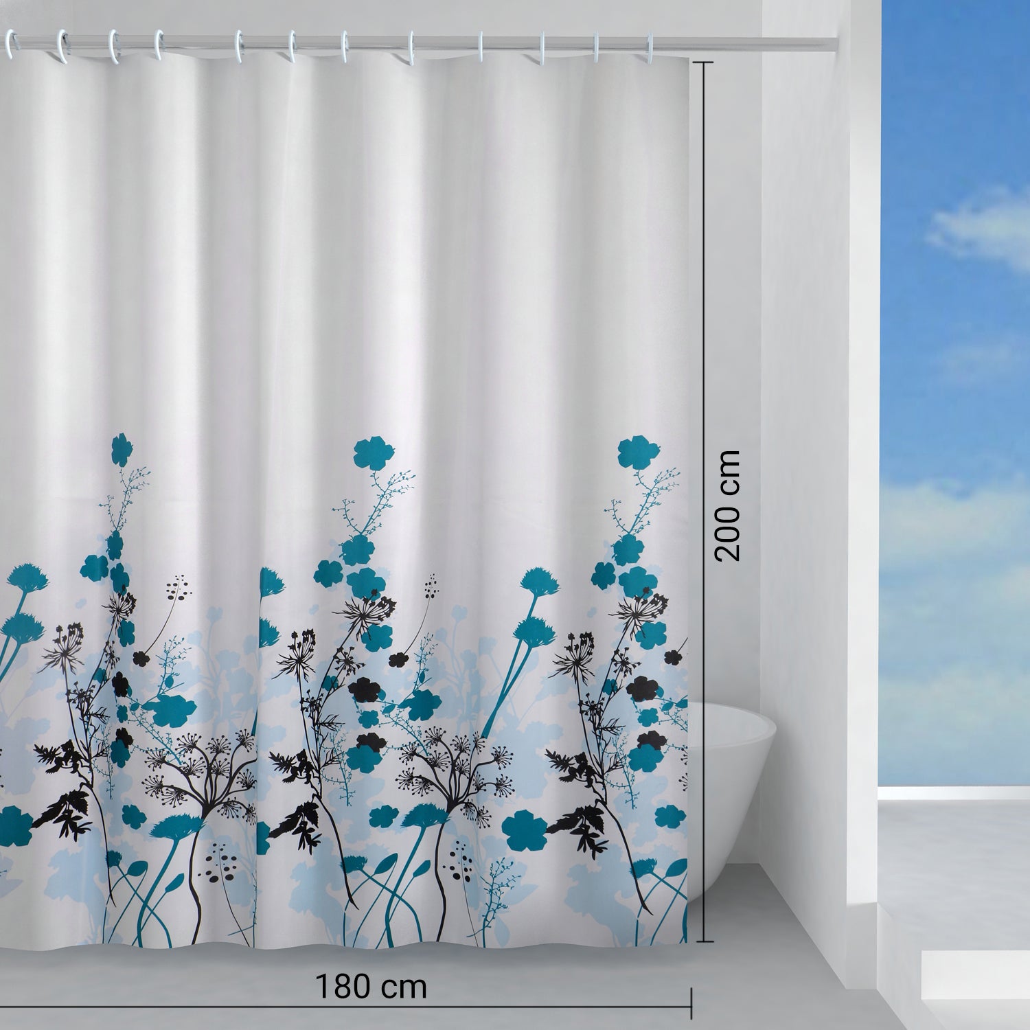 Tenda doccia in tessuto 180x200 cm modello Ricordi di Gedy - Celeste/Turchese/Nero