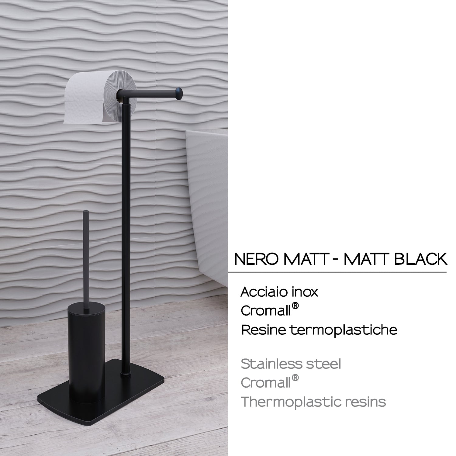 Piantana portarotolo e scopino in Acciaio Inox modello Florida di Gedy - Nero Matt